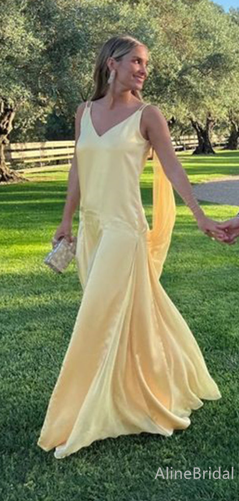 Unique Yellow V-neck A-line Long Prom Dress, Evening Dress, PD38130