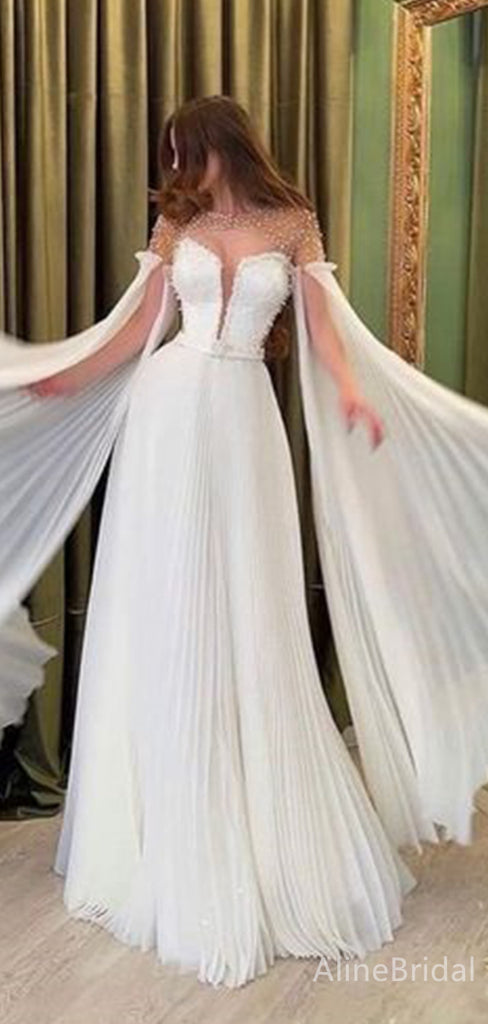 Gorgeous White V-neck A-line Long Wedding Dress with Flowing Cape, PD38144