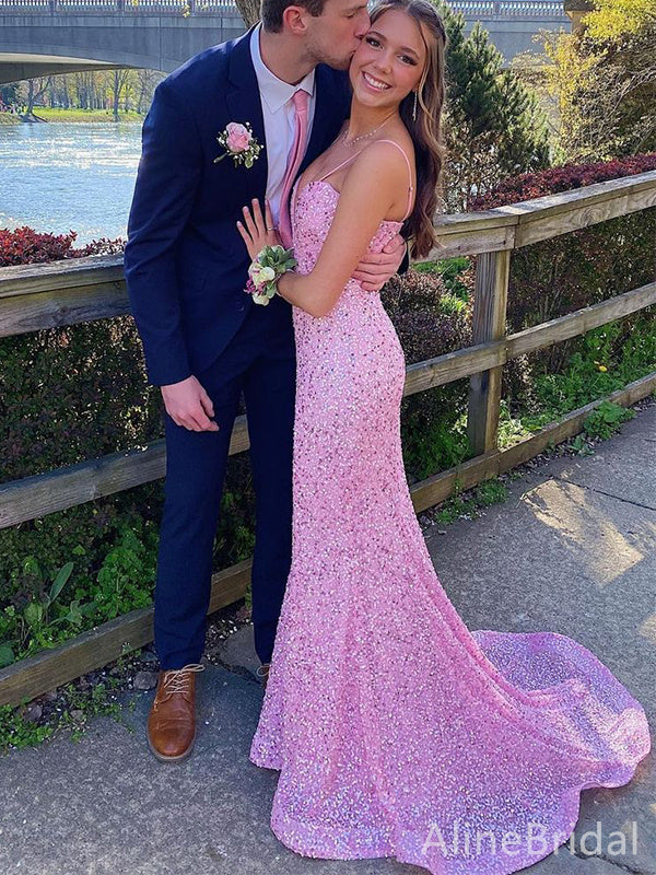 Sparkly Pink Sequins Sweetheart Spaghetti Strap Mermaid Long Prom Dress, PD38152