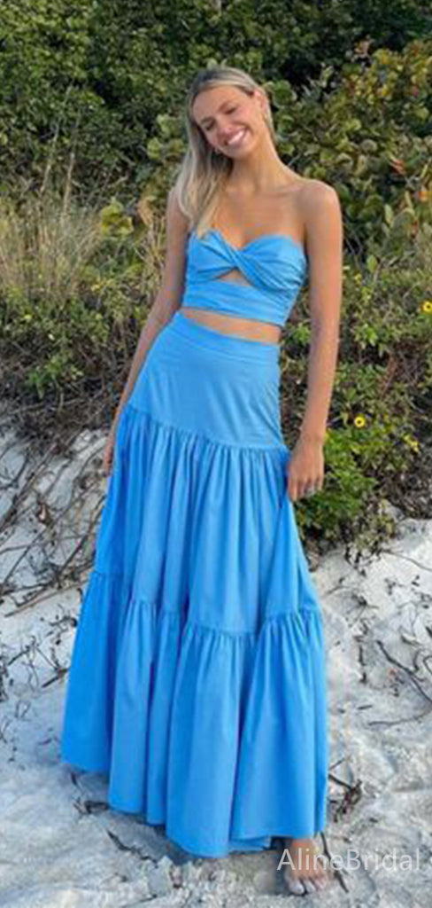 Simple Blue Sweetheart Strapless Two Piece A-line Long Prom Dress,PD38154