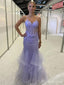 Elegant Purple V-neck Lace Applique Mermaid Long Layered Tulle Prom Dress, PD38158