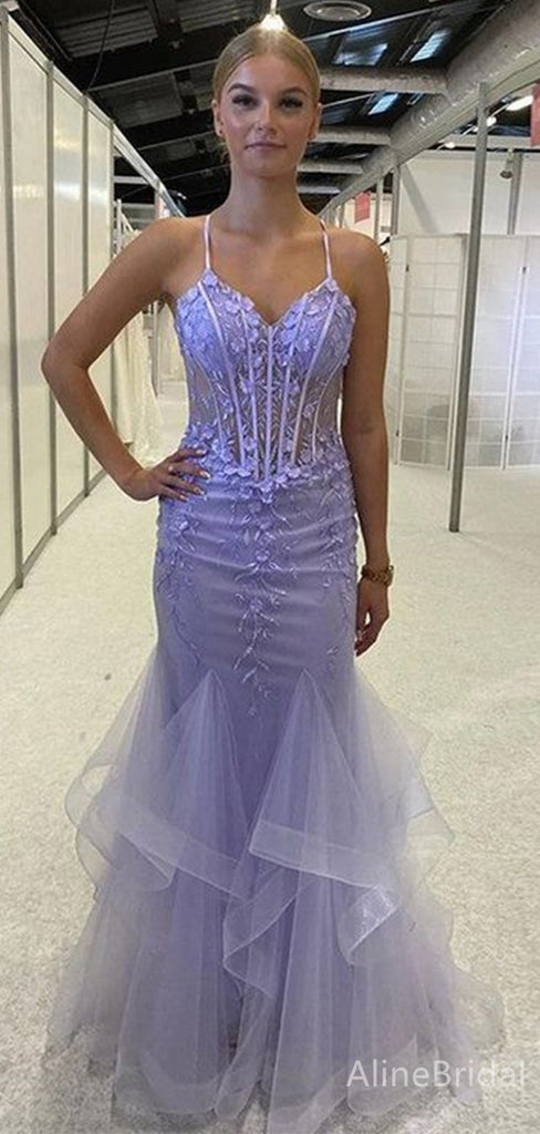 Elegant Purple V-neck Lace Applique Mermaid Long Layered Tulle Prom Dress, PD38158
