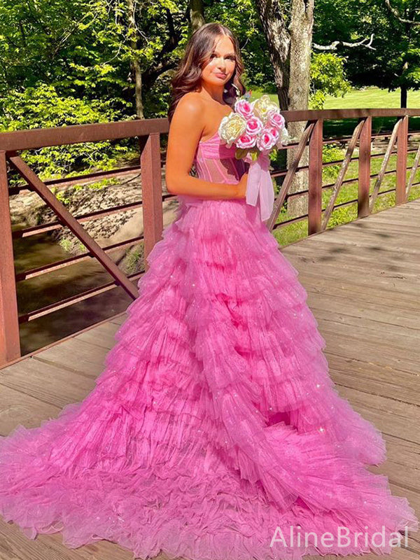 Elegant Hot Pink Strapless A-line Long Layered Tulle Prom Dress, Evening Gown, PD38159
