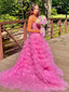 Elegant Hot Pink Strapless A-line Long Layered Tulle Prom Dress, Evening Gown, PD38159
