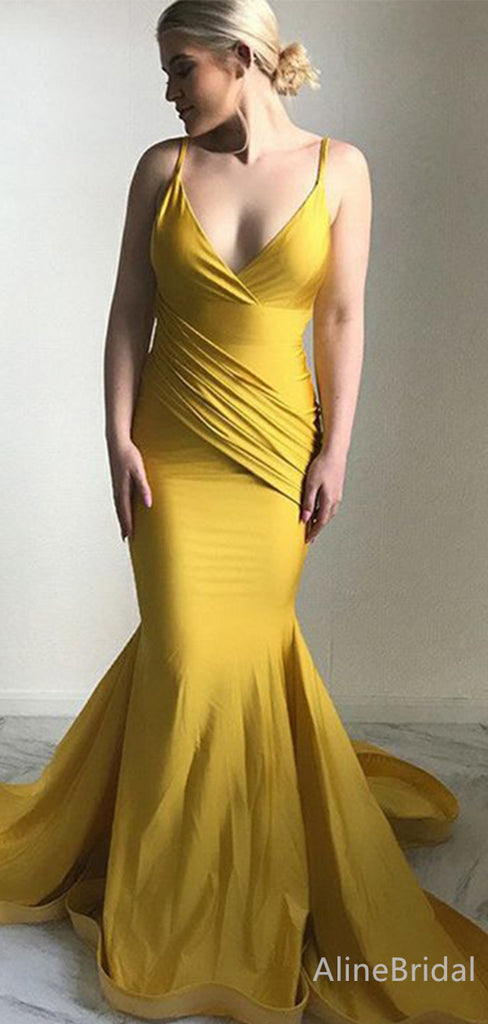 Stunning Yellow V-neck Spaghetti Strap Mermaid Long Prom Dress, Evening Dress, PD38160