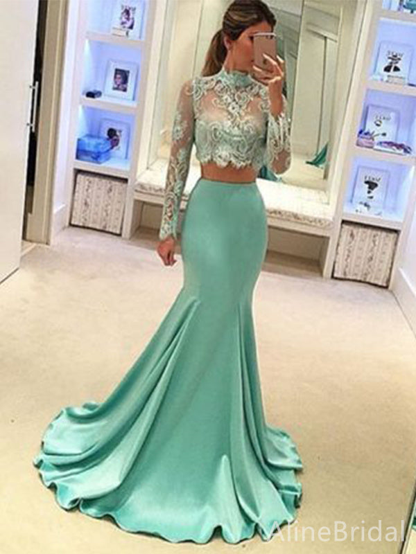 Gorgeous Teal Lace Long Sleeves Mermaid Long Prom Dress, PD38161