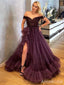 Glamours Purple V-neck Off-Shoulder A-line Layered Tulle Prom Dress with Slit, Evening Gown, PD38166