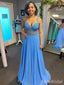 Gorgeous Blue V-neck Lace Applique Corset  A-line Long Prom Dress, Evening Dress, PD38170