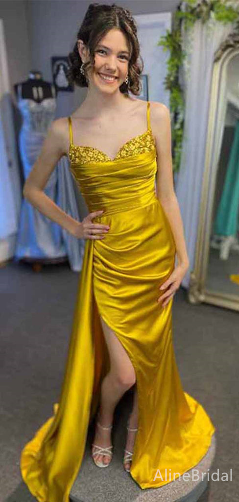 Elegant Gold V-neck Pleated Side Slit Mermaid Long Prom Dress, PD38172