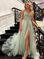 Elegant Green V-neck Lace Applique Side Slit A-line Long Tulle Prom Dress, PD38173