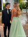 Elegant Green V-neck Lace Applique Side Slit A-line Long Tulle Prom Dress, PD38173