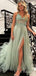 Elegant Green V-neck Lace Applique Side Slit A-line Long Tulle Prom Dress, PD38173