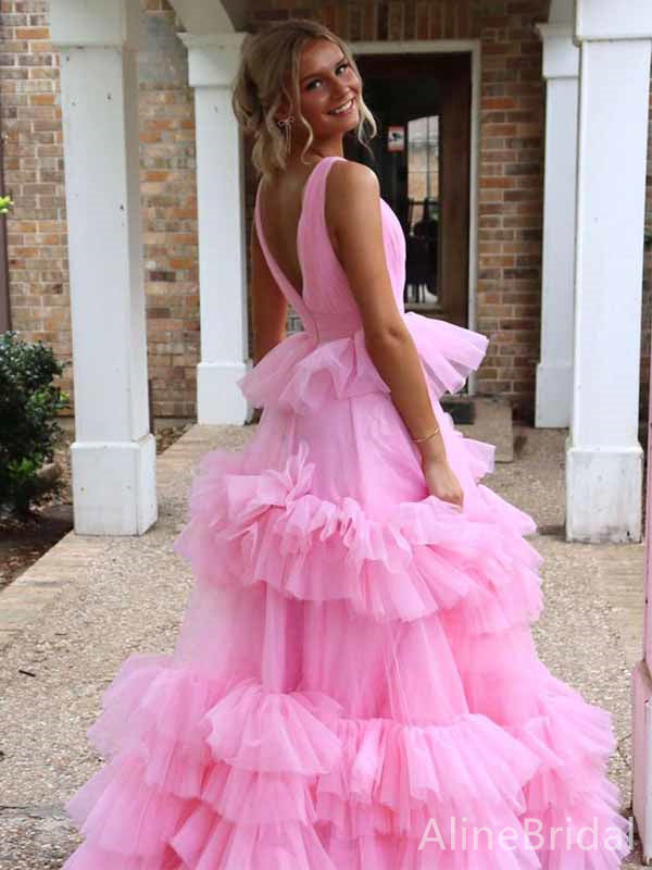 Elegant Pink V-neck A-line Long Layered Tulle Prom Dress, Evening Gown, PD38174