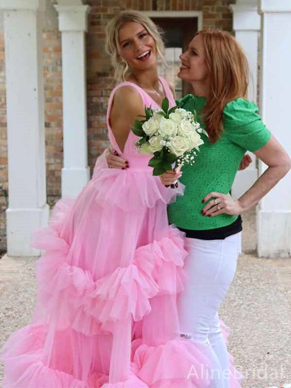 Elegant Pink V-neck A-line Long Layered Tulle Prom Dress, Evening Gown, PD38174