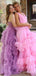 Elegant Pink V-neck A-line Long Layered Tulle Prom Dress, Evening Gown, PD38174