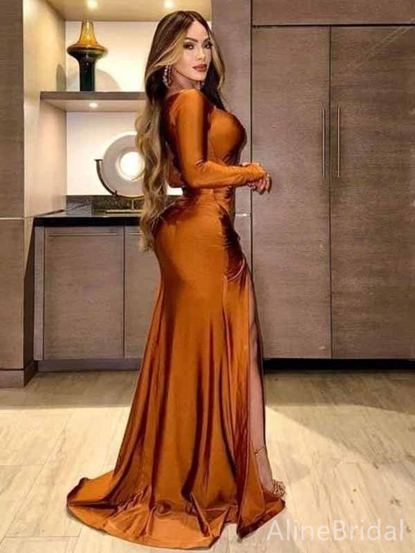 Sexy Burnt Orange Side Slit Cut Out Mermaid Long Prom Dress, Evening Gown, PD381757