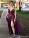 Sexy Purple V-neck Spaghetti Strap A-line Long Prom Dress with Slit, PD381759