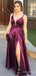 Sexy Purple V-neck Spaghetti Strap A-line Long Prom Dress with Slit, PD381759