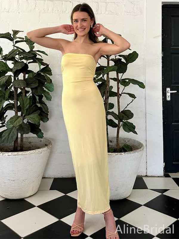 Sexy Yellow Strapless Backless Mermaid Long Prom Dress, PD381760