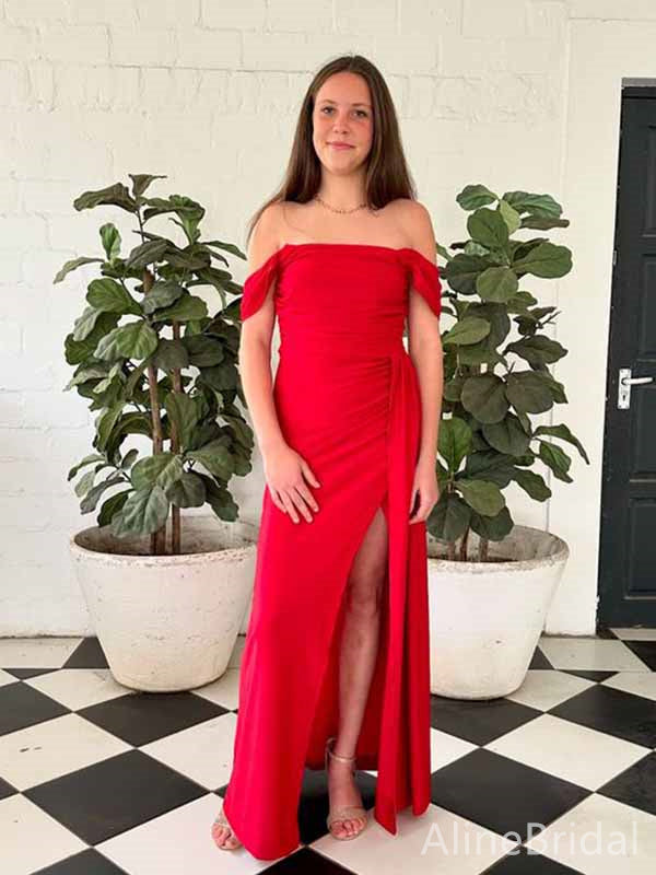 Elegant Red Off the Shoulder Side Slit Mermaid Long Prom Dress, Evening Dress, PD381762