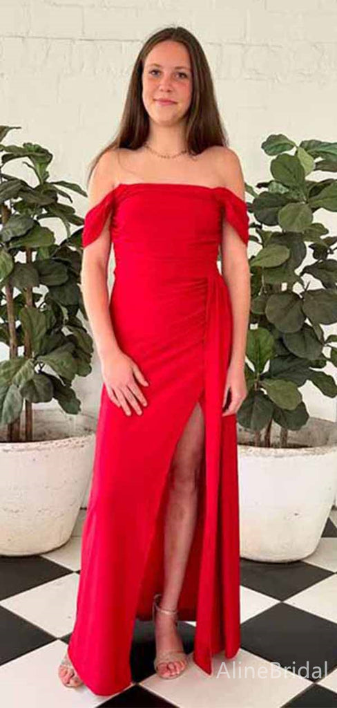 Elegant Red Off the Shoulder Side Slit Mermaid Long Prom Dress, Evening Dress, PD381762