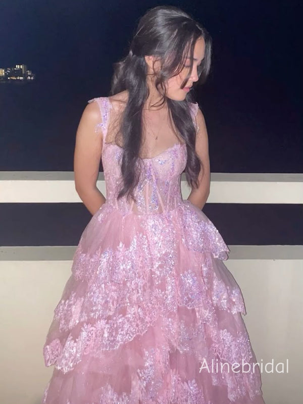 Glamorous  Corset Top Pink Tiered Tulle  Prom Dress with Lace Detailing, Graduation Dress, PD382239