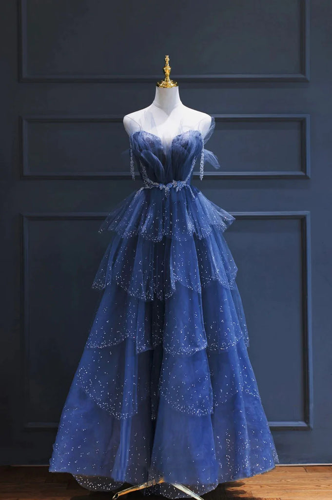Sparkly Blue Strapless A-line Layered Tulle rom Dress, PD3663