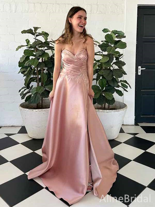 Elegant Pink V-neck Strapless Lace Applique A-line Long Prom Dress, Evening Gown,PD381764