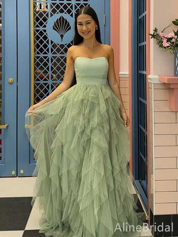 Simple Sage Green Strapless A-line Long Tiered Tulle Prom Dress,PD381766