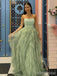 Simple Sage Green Strapless A-line Long Tiered Tulle Prom Dress,PD381766