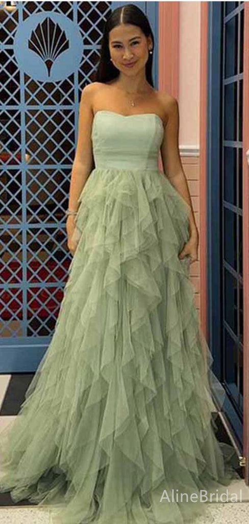 Simple Sage Green Strapless A-line Long Tiered Tulle Prom Dress,PD381766
