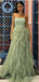 Simple Sage Green Strapless A-line Long Tiered Tulle Prom Dress,PD381766
