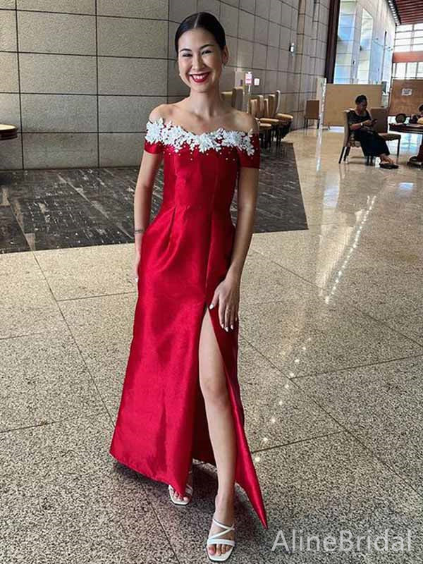 Gorgeous Red Off the Shoulder Lace Trim Side Slit Mermaid Long Prom Dress, Evening Dress, PD381767