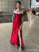 Gorgeous Red Off the Shoulder Lace Trim Side Slit Mermaid Long Prom Dress, Evening Dress, PD381767