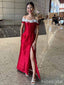 Gorgeous Red Off the Shoulder Lace Trim Side Slit Mermaid Long Prom Dress, Evening Dress, PD381767