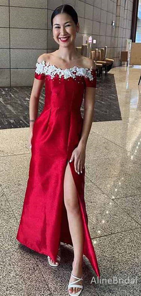 Gorgeous Red Off the Shoulder Lace Trim Side Slit Mermaid Long Prom Dress, Evening Dress, PD381767