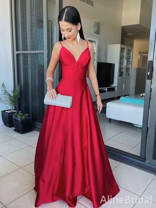 Gorgeous Red V-neck Spaghetti Strap A-line Long Prom Dress, PD381769
