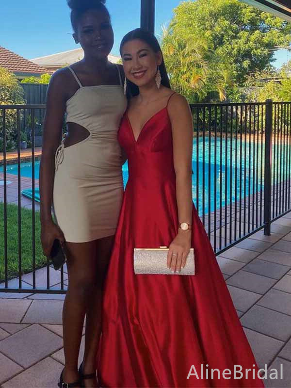 Gorgeous Red V-neck Spaghetti Strap A-line Long Prom Dress, PD381769