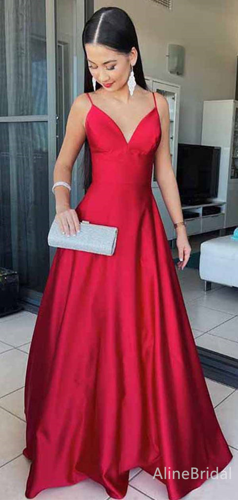 Gorgeous Red V-neck Spaghetti Strap A-line Long Prom Dress, PD381769