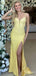 Elegant Yellow V-neck Spaghetti Strap Mermaid Long Prom Dress with Slit, PD381771