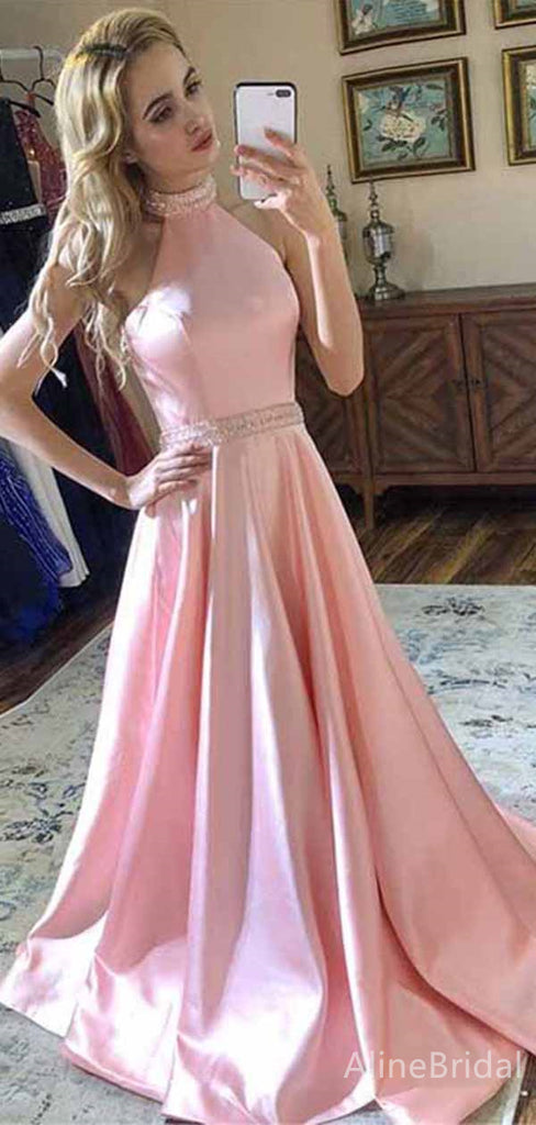 Elegant Soft Pink Halter Backless A-line Long Prom Dress,PD381773