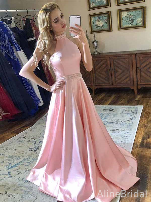 Elegant Soft Pink Halter Backless A-line Long Prom Dress,PD381773