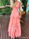 Elegant Pink V-neck Long Tiered Ruffle Prom Dress, PD381775