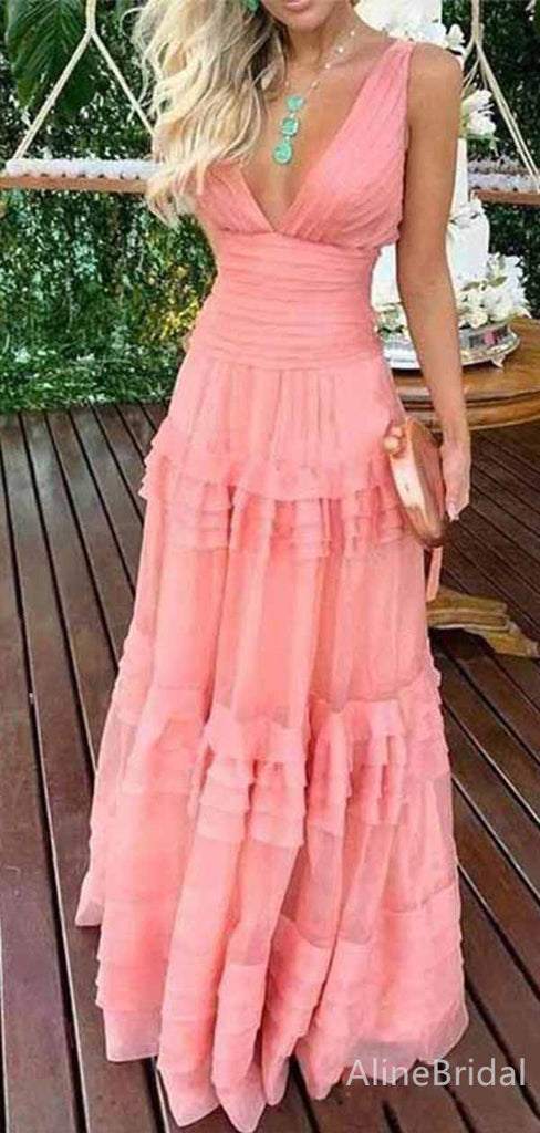 Elegant Pink V-neck Long Tiered Ruffle Prom Dress, PD381775