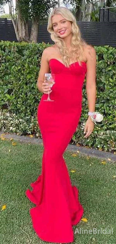 Elegant Red Sweetheart Strapless Mermaid Long Prom Dress, PD381777