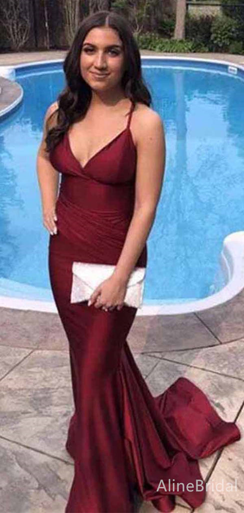 Sexy Burgundy V-neck Backless Mermaid Long Prom Dress, Evening Dress, PD381779