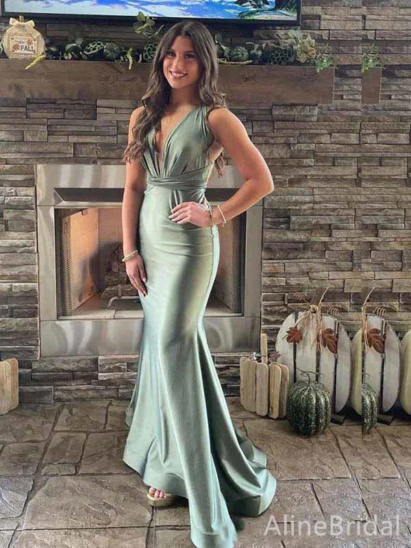 Elegant Olive Green V-neck  Mermaid Long Prom Dress, Evening Dress, PD381780