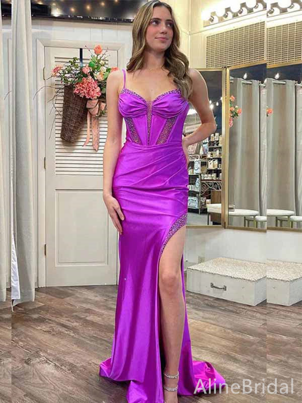 Sparkly Purple V-neck Backless Side Slit Corset Mermaid Long Prom Dress, Evening Dress, PD381781