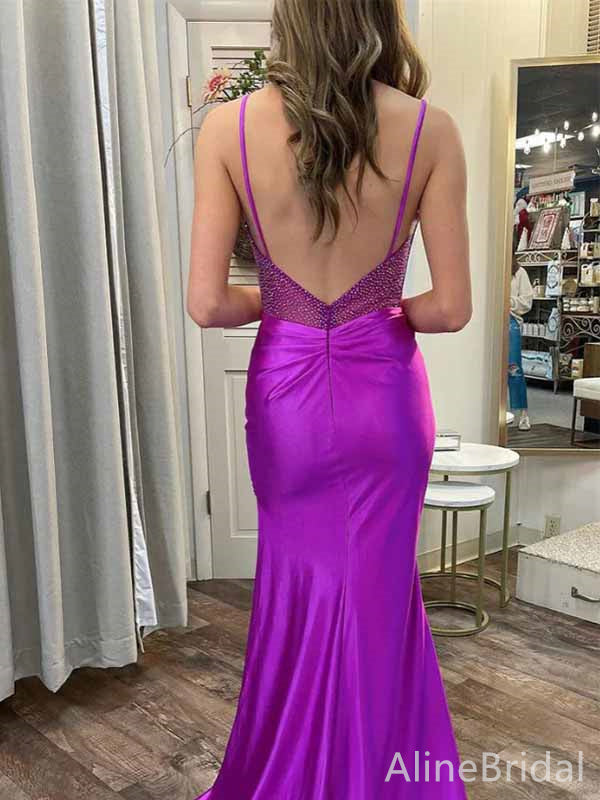 Sparkly Purple V-neck Backless Side Slit Corset Mermaid Long Prom Dress, Evening Dress, PD381781