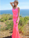 Elegant Hot Pink V-neck Backless Mermaid Long Prom Dress, PD381786